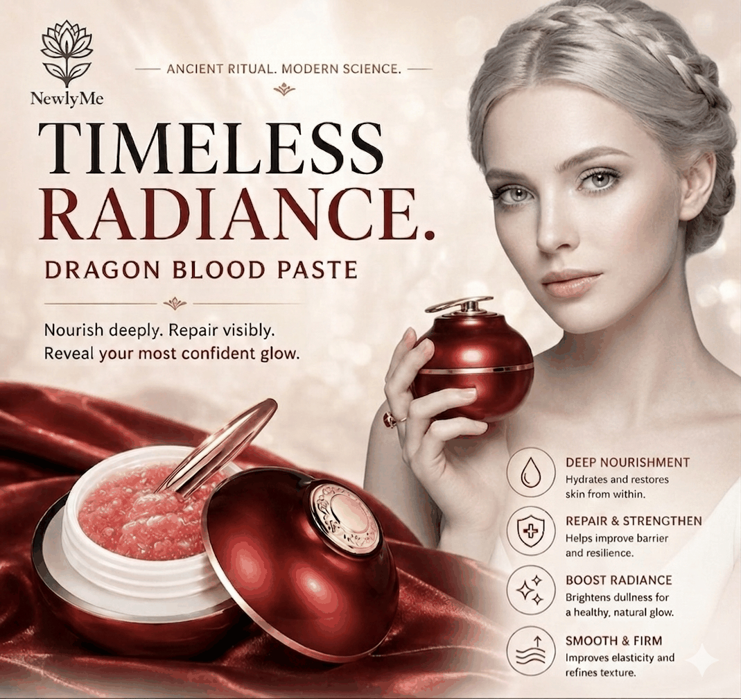 'Timeless Radiance' dragon blood paste with a woman holding a red container.