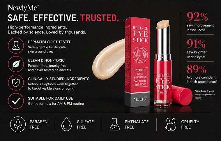 Retinol eye stick with packaging and product on a black background, featuring safety and effectiveness claims.