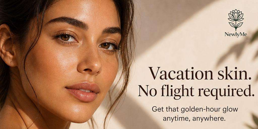 Woman with sun-kissed skin and 'NewlyMe' logo, promoting 'Vacation skin. No flight required.'