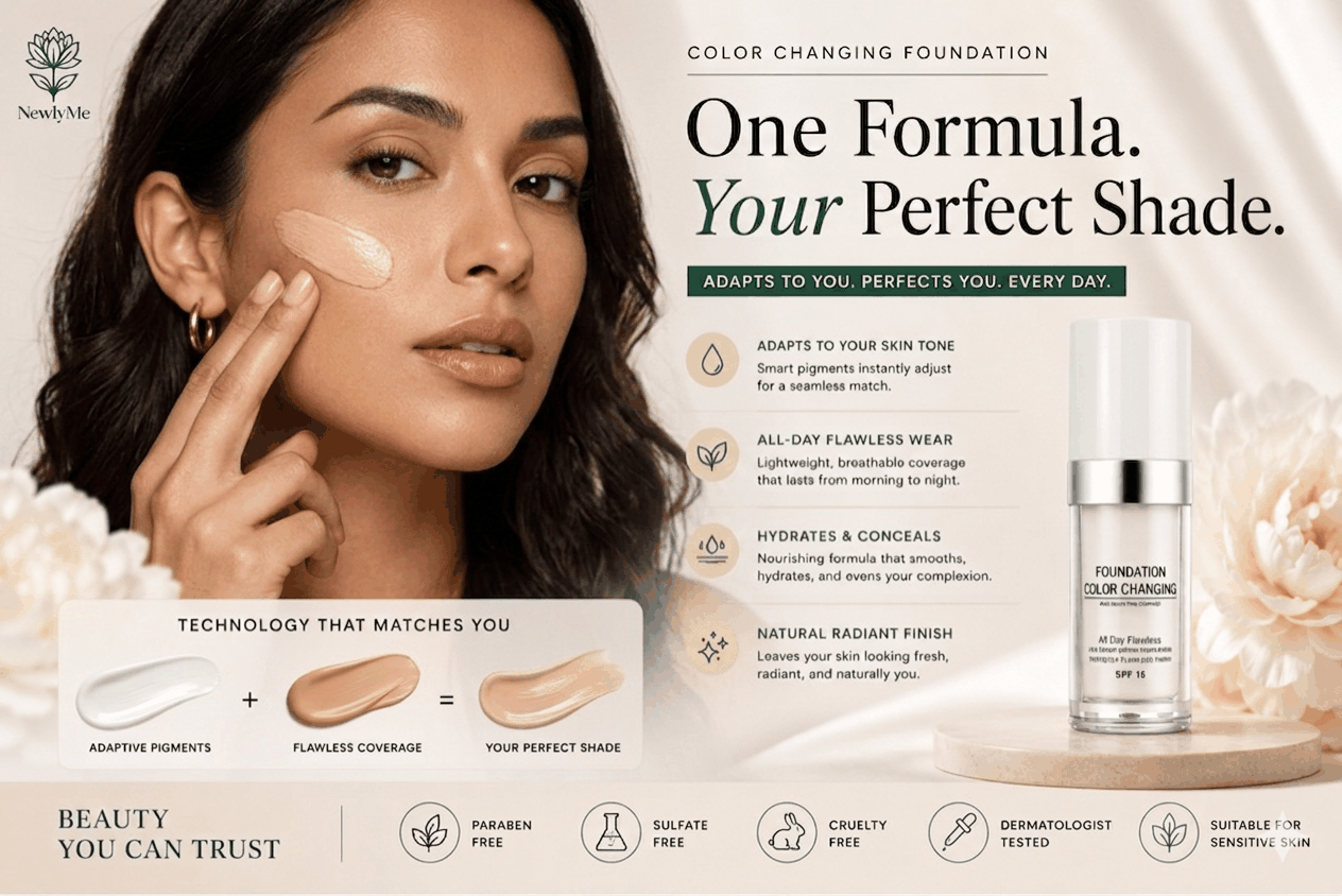 Bottle of color changing foundation adapting to various skin tones for flawless coverage