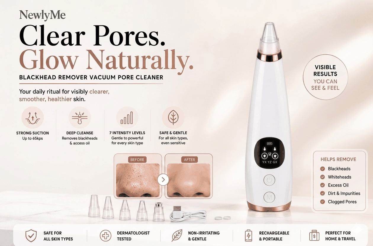 Blackhead remover vacuum pore cleaner with branding and product features on a beige background
