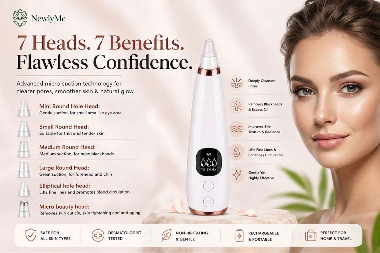 Skincare device with text highlighting features and benefits, alongside a woman's face.