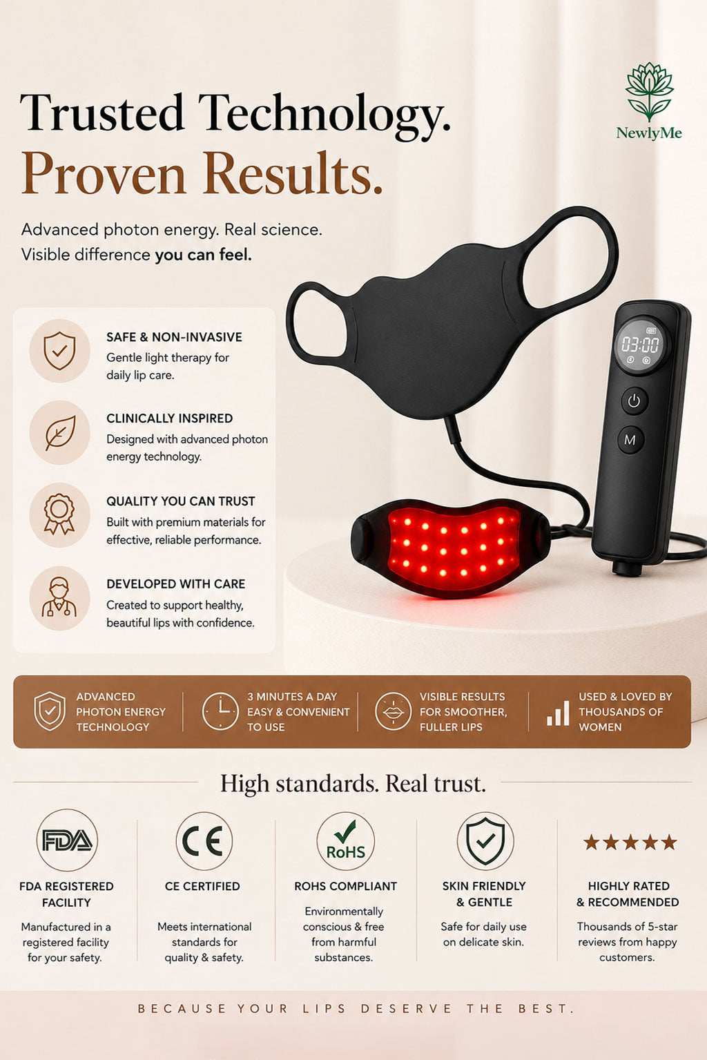 Lip treatment device with text highlighting 'Trusted Technology' and 'Proven Results' on a beige background.