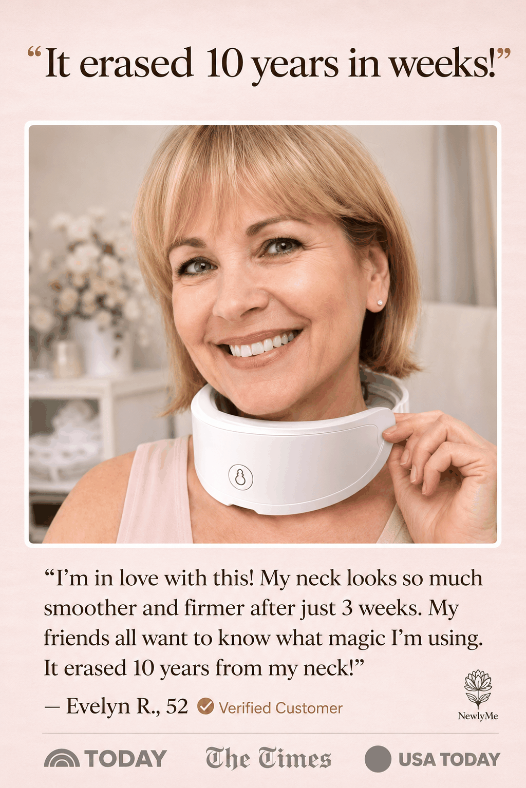 Woman wearing a LED neck Mask with text about its effectiveness on her neck.