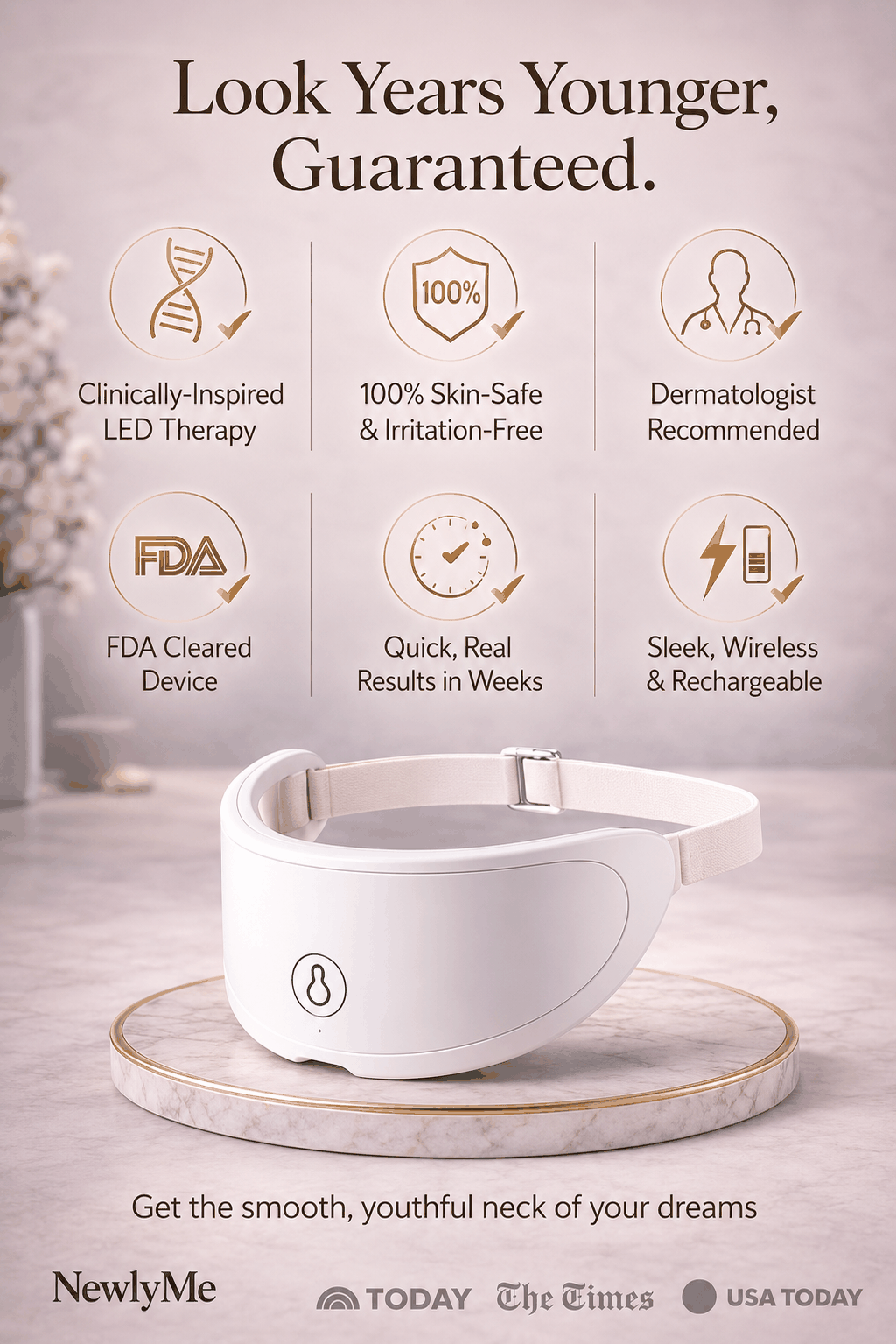 Neck care device with features listed on a neutral background.