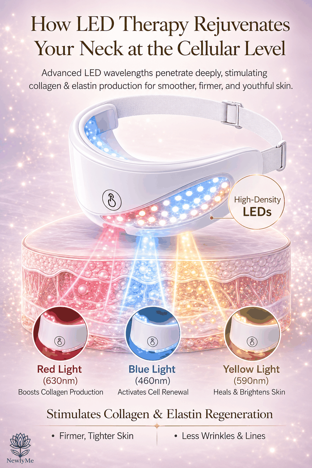 LED therapy device for neck rejuvenation with color spectrum and benefits on a purple background.