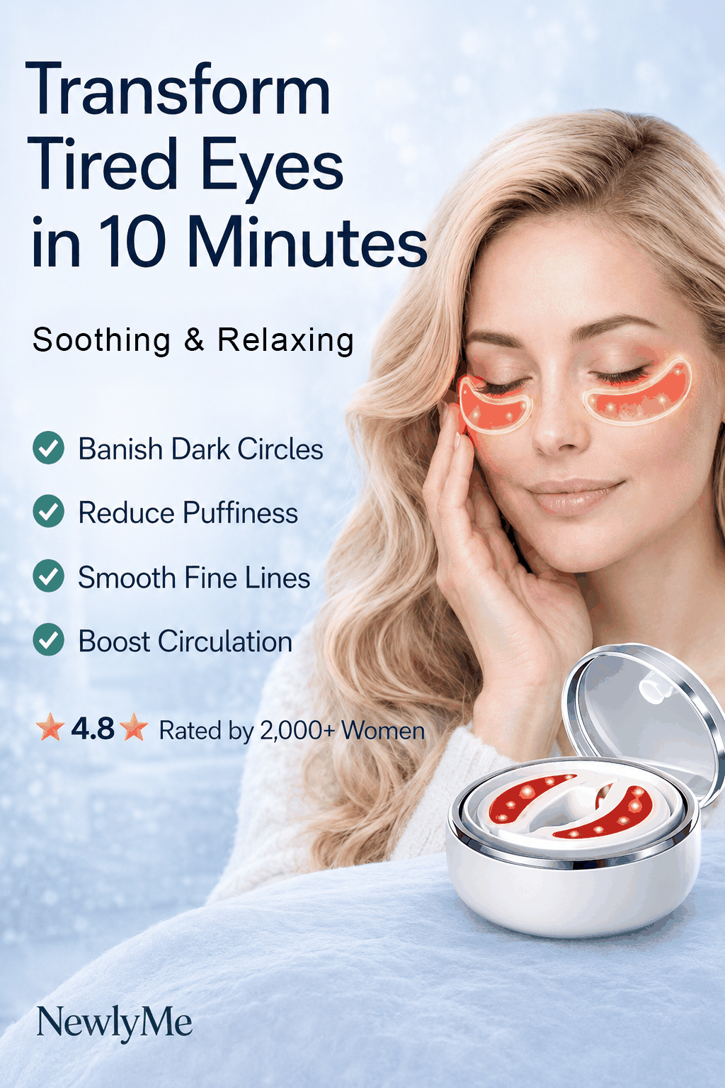 Woman using the LED Red Light Eye Wings, featuring text about its benefits and rating.