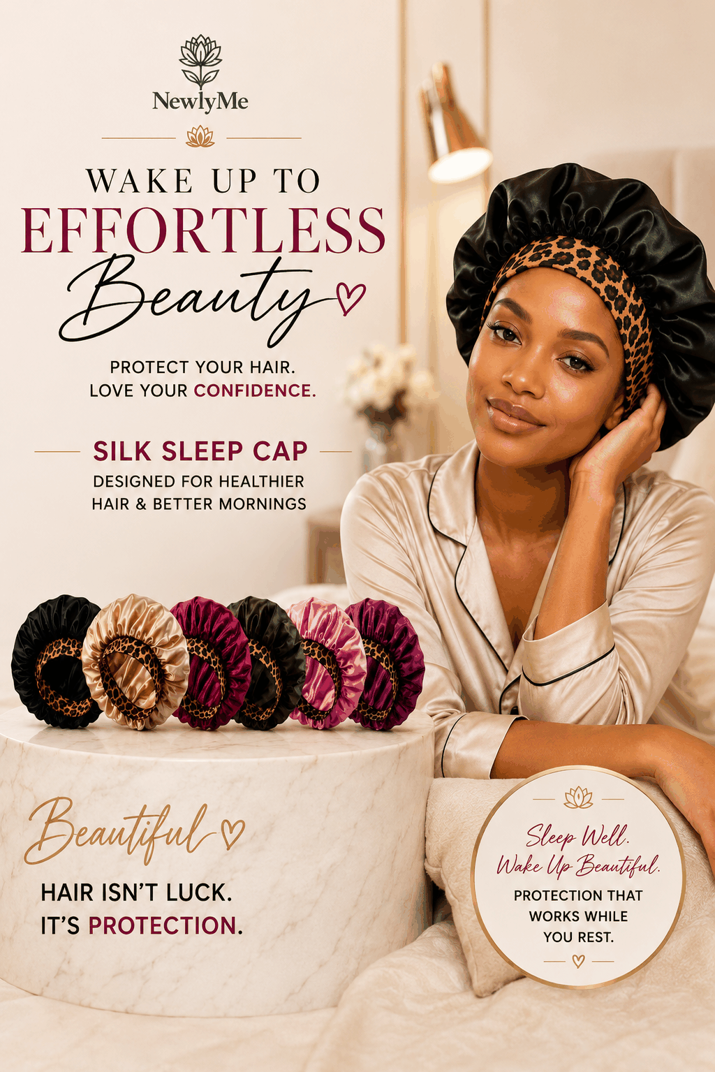 Woman wearing a silk sleep cap with promotional text about hair care and product benefits.