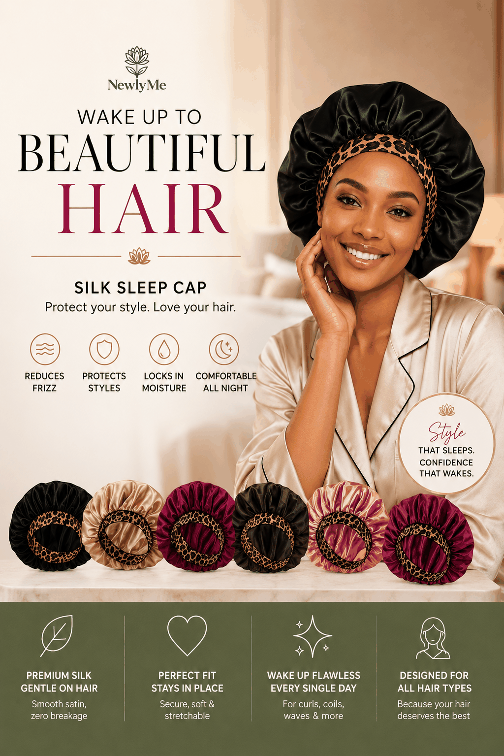Silk Bonnet with a woman wearing it, surrounded by various colored caps.