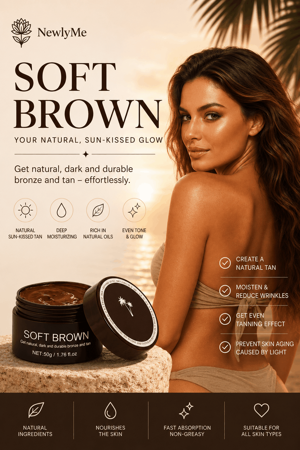 'Soft Brown' self tanning lotion product by NewlyMe with a woman and product packaging.