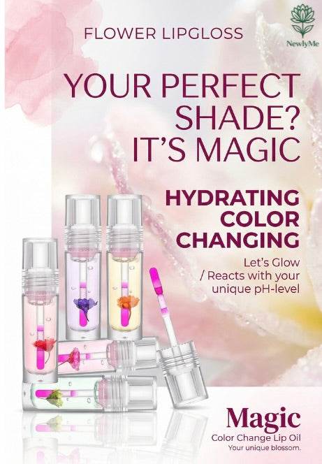 Magic Color Change Flower Lip Gloss hydrating pink clear lip oil with pH reactive color change and moisturizing effect