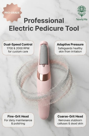 Compact professional electric pedicure tool with dual-speed, adaptive pressure, interchangeable heads, waterproof design, LED light, and long battery life