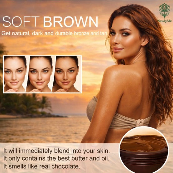 Natural Self Tanning Lotion bottle with nourishing oils for customizable bronzed glow and chocolate scent