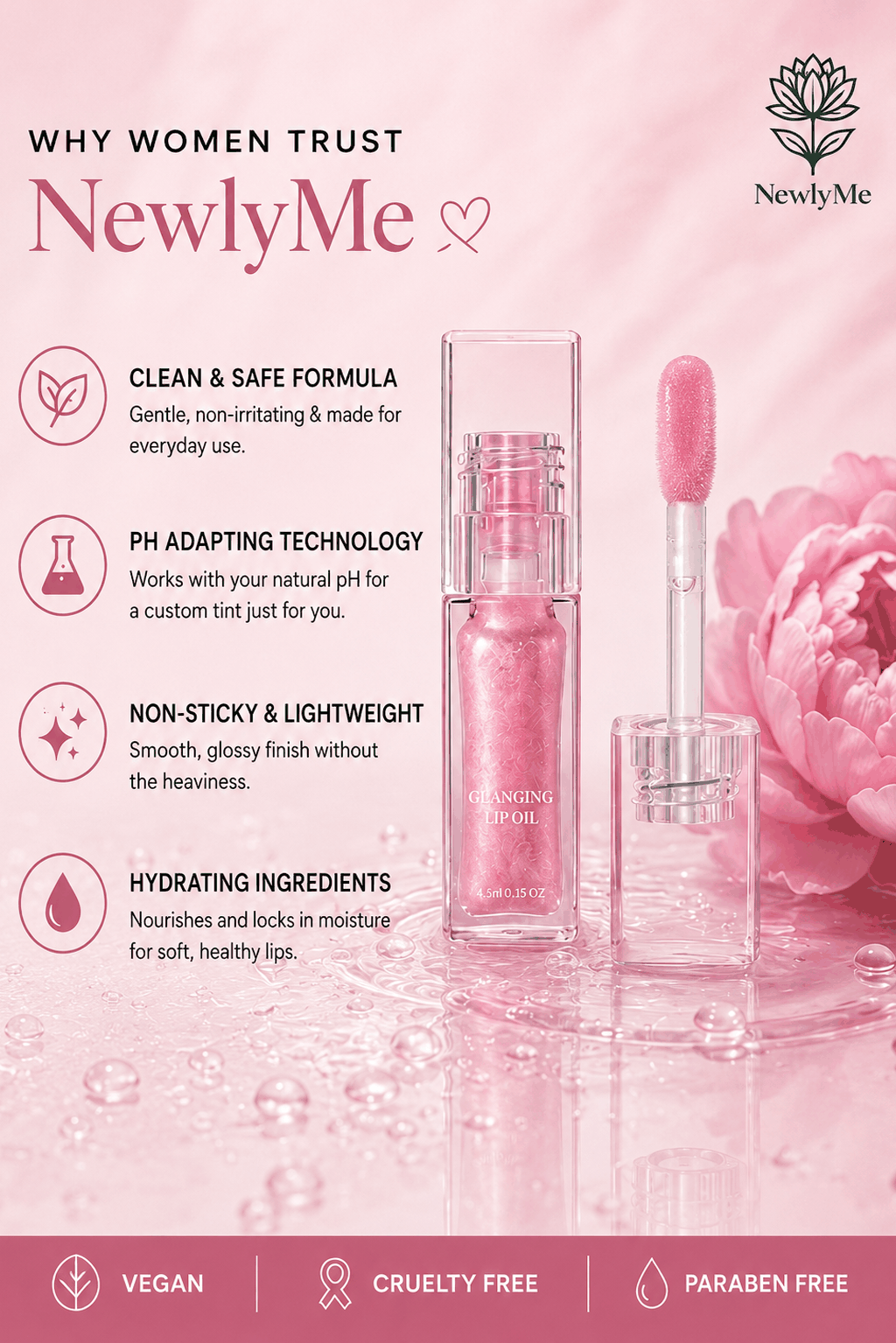 PH Lip Oil product with pink flower on a pink background