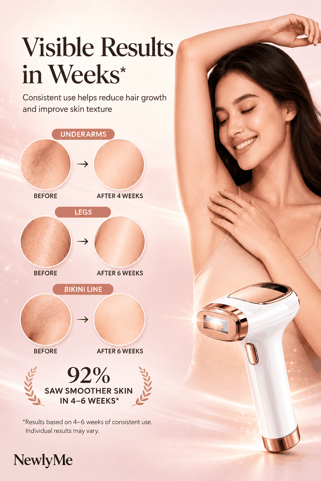 Hair removal device showing before and after results on skin texture.