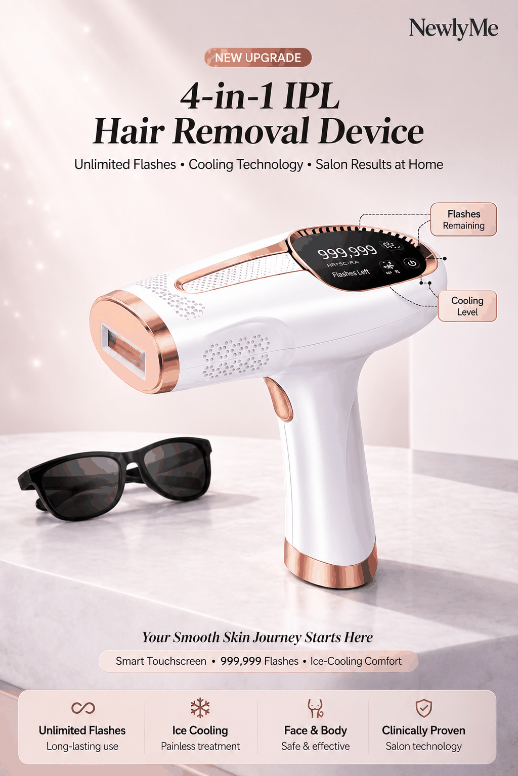4-in-1 IPL hair removal device with sunglasses on a light background