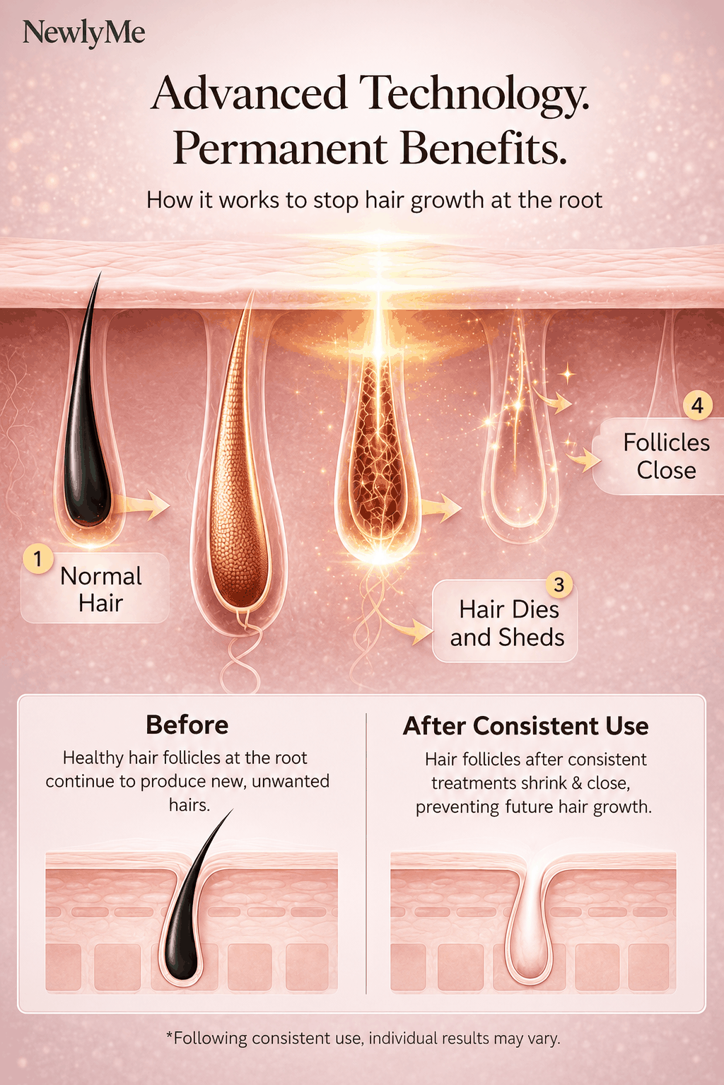 Diagram showing hair growth process and treatment effects.