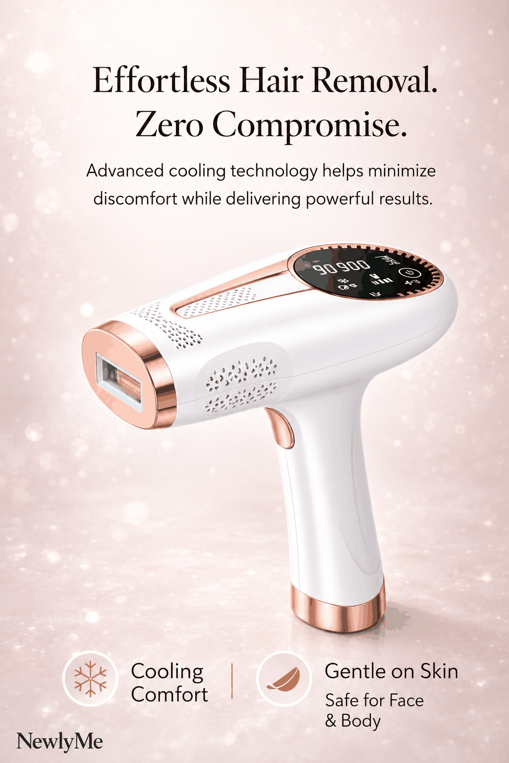 Hair removal device with cooling technology on a light pink background
