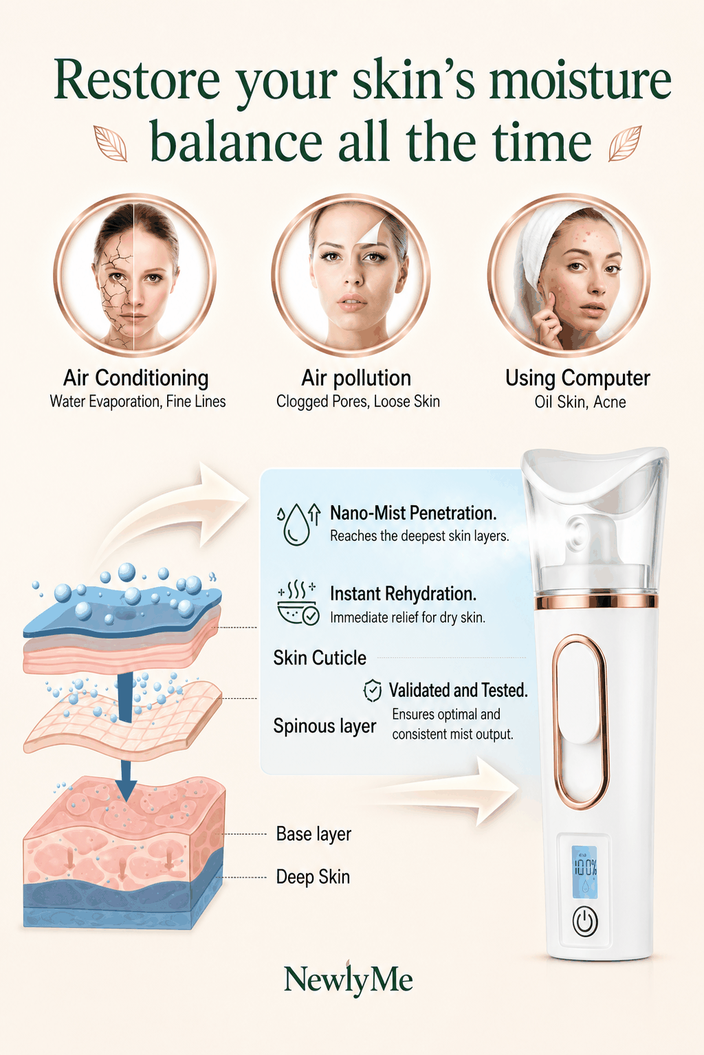 Text and illustrations about skin moisture balance and product features.