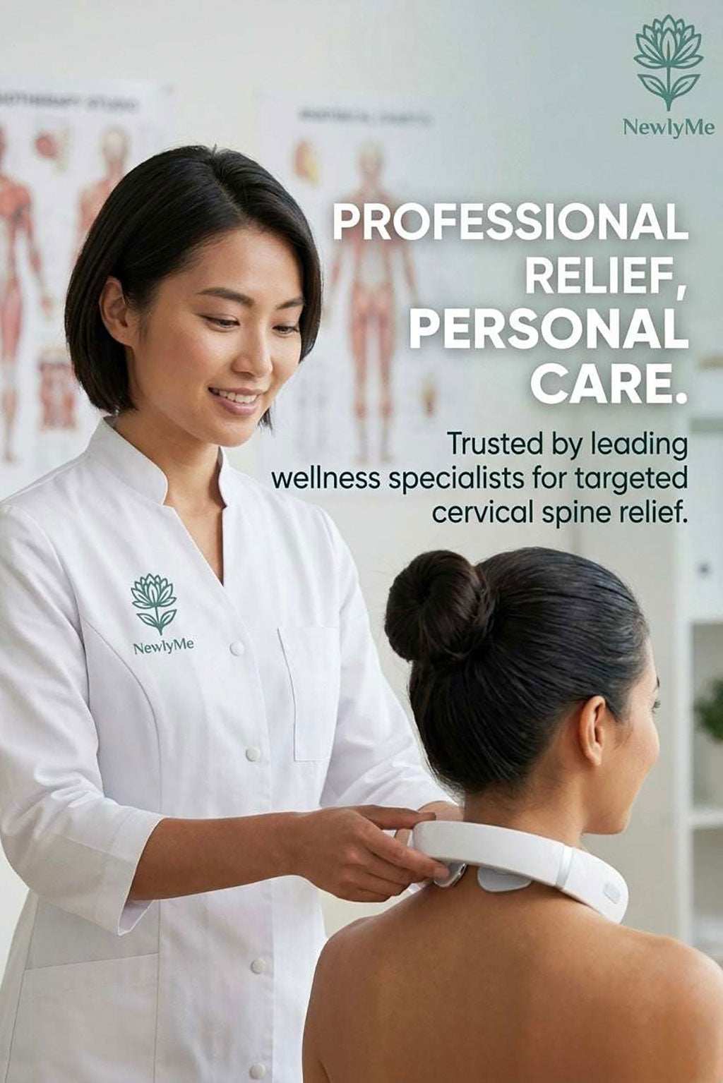 Woman receiving neck care from a wellness specialist using the Neck Massager.