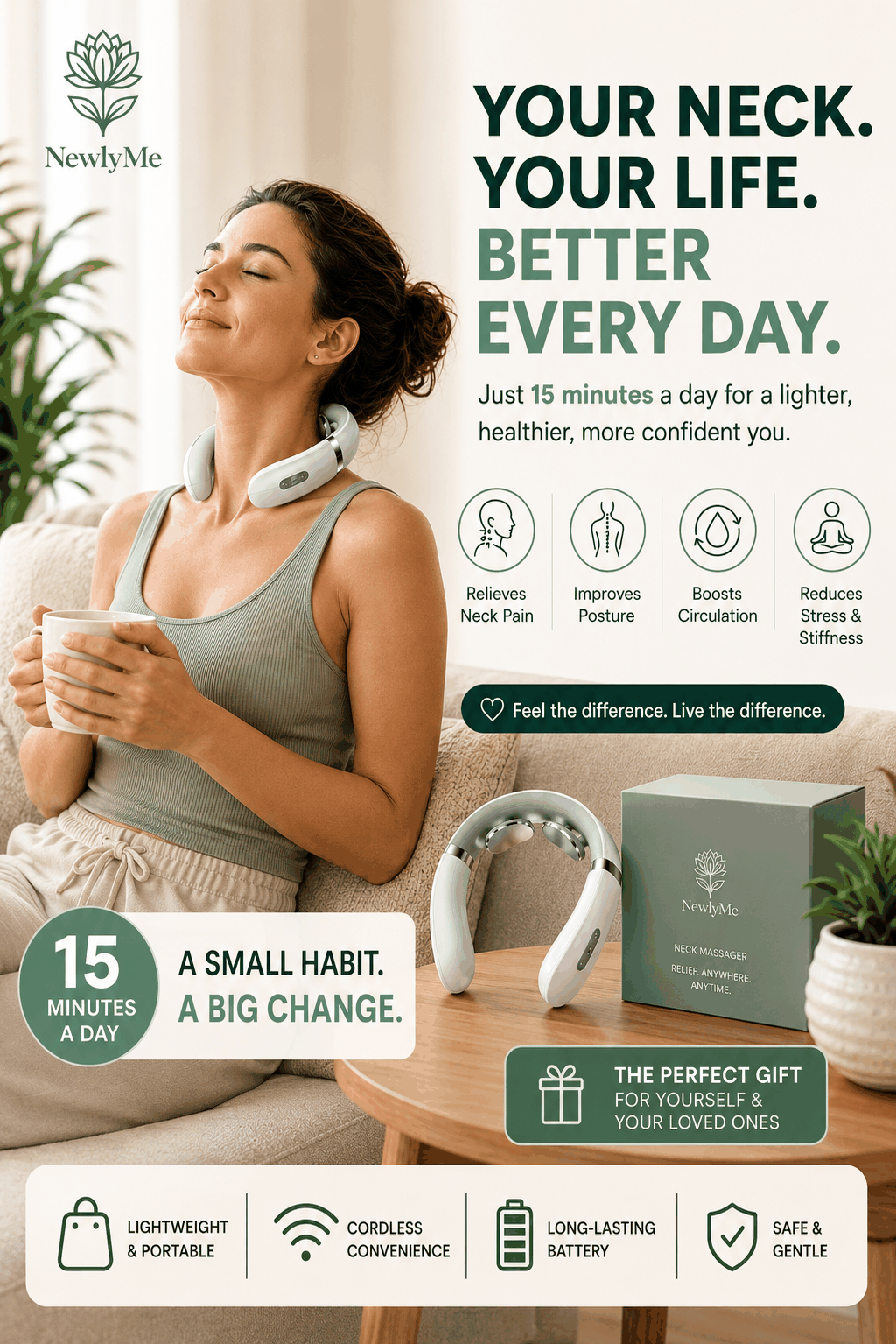 Portable neck massager with lightweight, rechargeable design and comfortable electrode pads for deep muscle relaxation and tension relief.