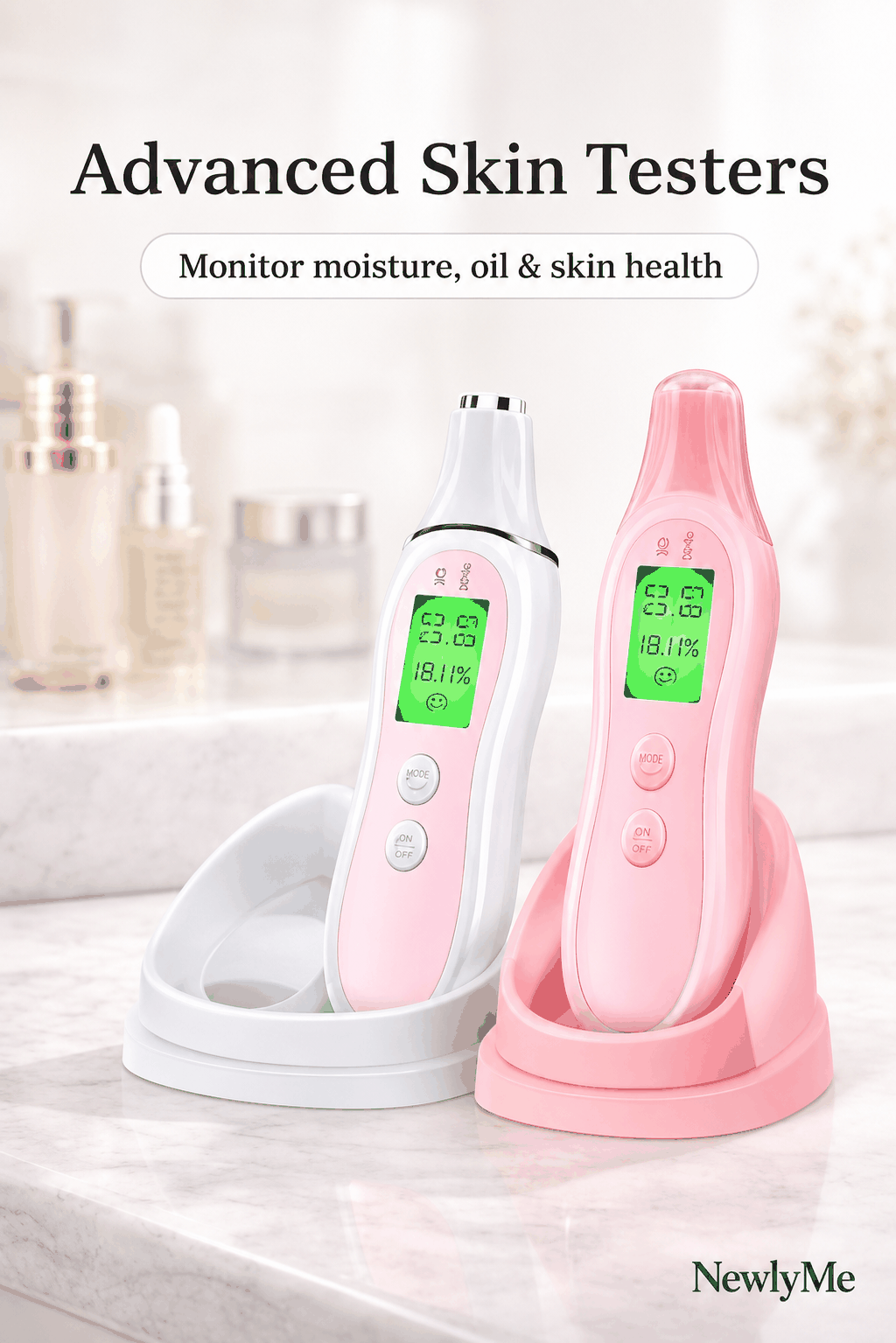 Compact portable skin tester device measuring skin moisture and oil levels for on-the-go skincare
