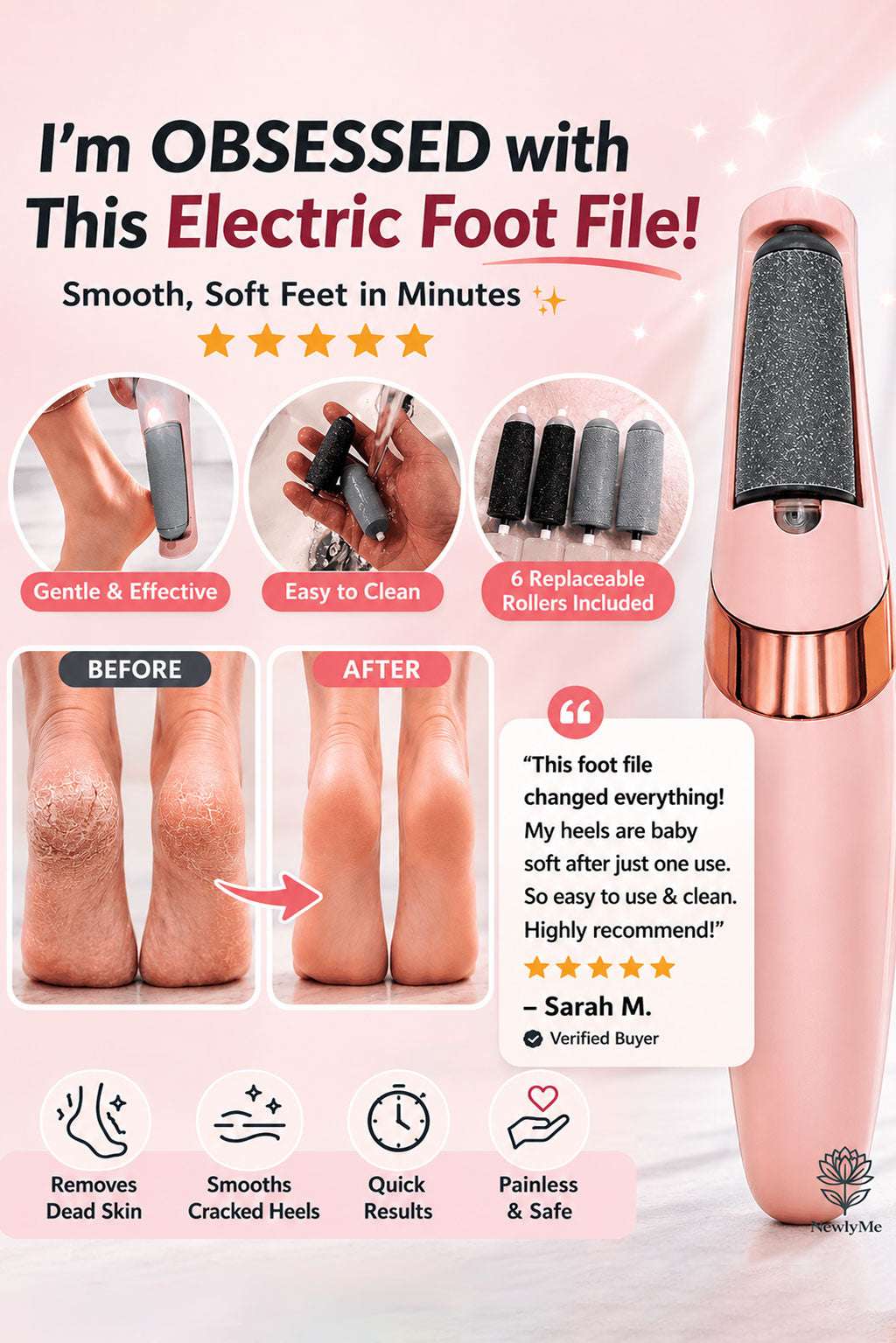 Compact professional electric pedicure tool with dual-speed settings, interchangeable roller heads, and LED light for safe callus removal