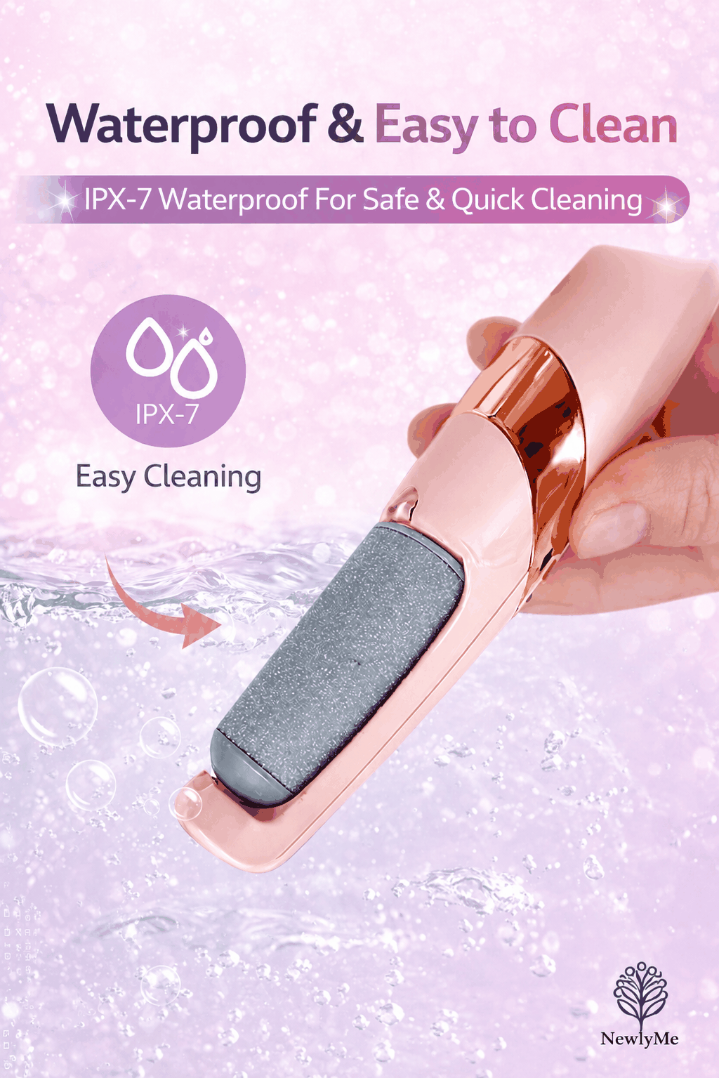 Rose gold handheld cleaning pedicure tool with gray cleaning pad, held by a hand, on a light purple background with text about waterproof and easy cleaning features.