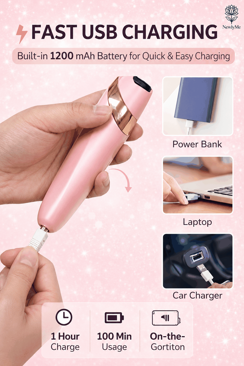 Professional Pedicure Tool with USB cable, power bank, laptop, and car charger illustrations on a pink background.