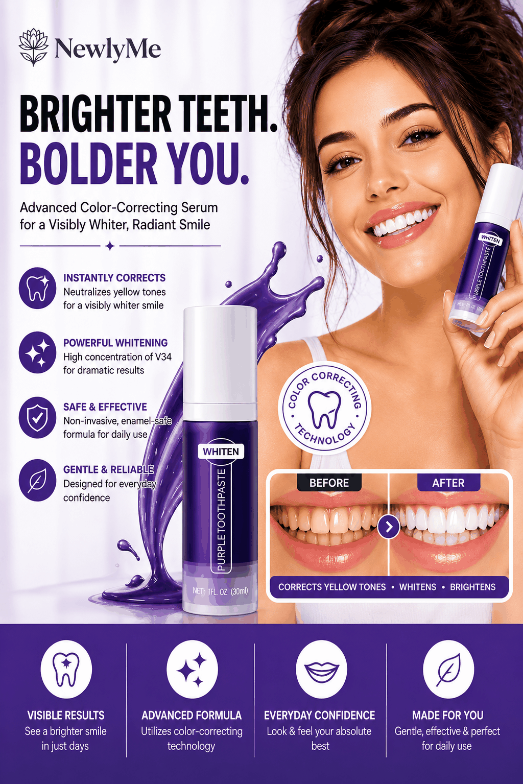Purple Teeth Whitening Toothpaste tube with purple-themed packaging for effective teeth whitening