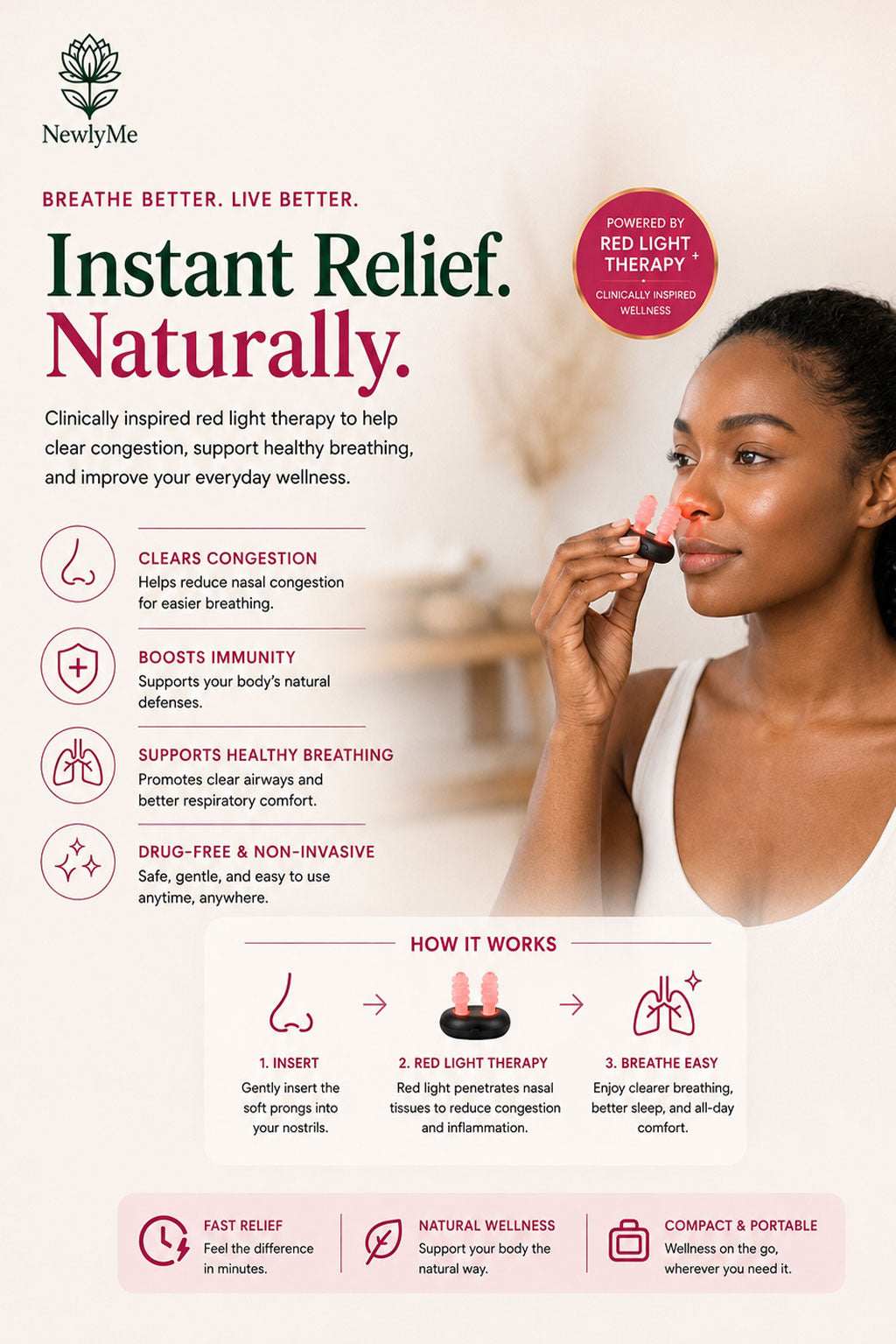 Red light therapy nasal device with a woman using it, featuring the brand 'NewlyMe'.