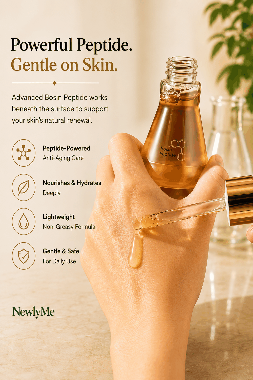 Hand holding a dropper with Resurfacing Face Hydrating Care serum product against a blurred background.