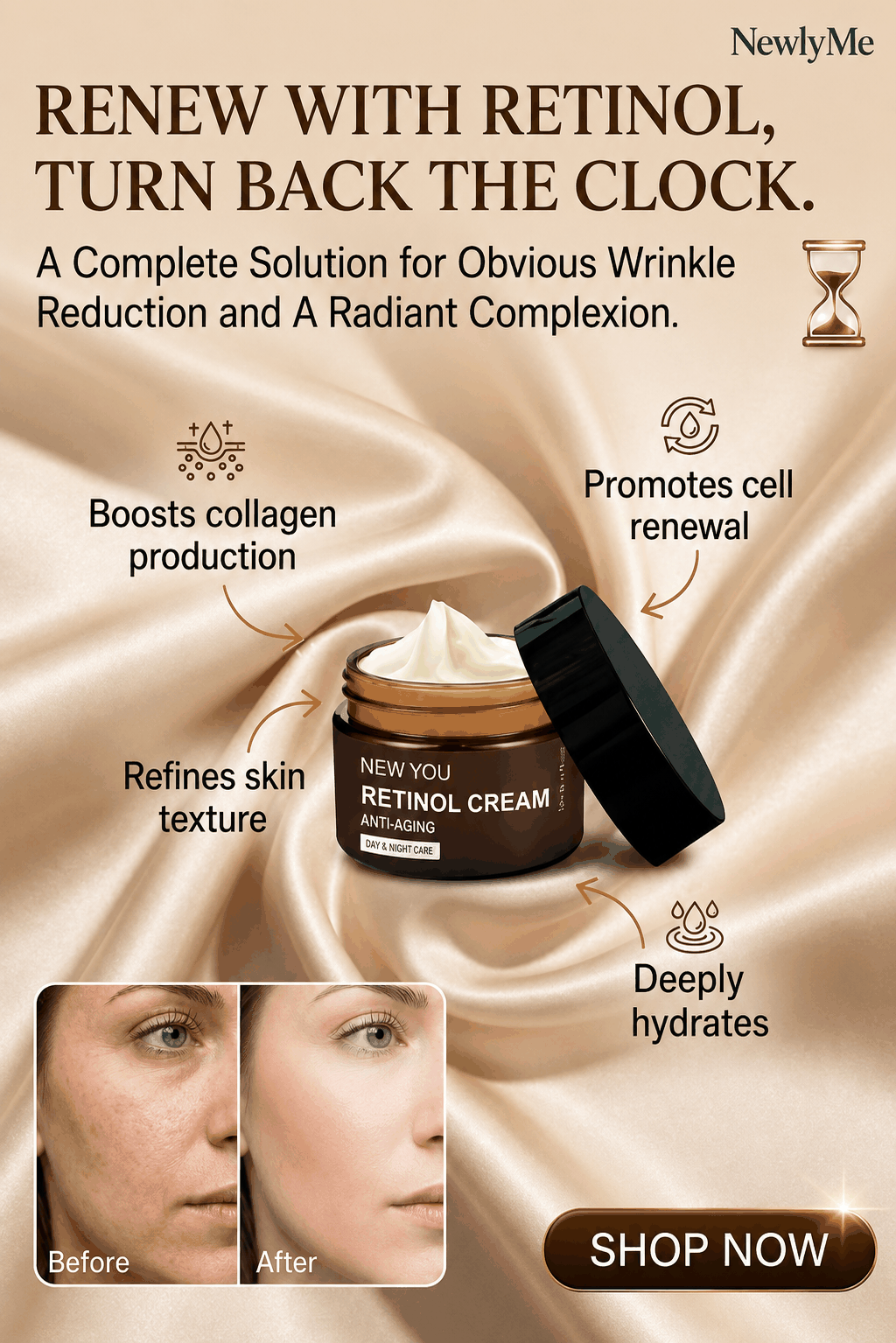 Retinol Cream with benefits on a beige fabric background.