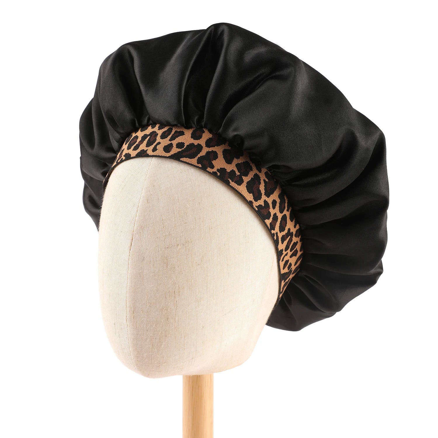 Satin Bonnet with Leopard Print Brim – Silk Sleep Cap for Natural Hair Protection & Style