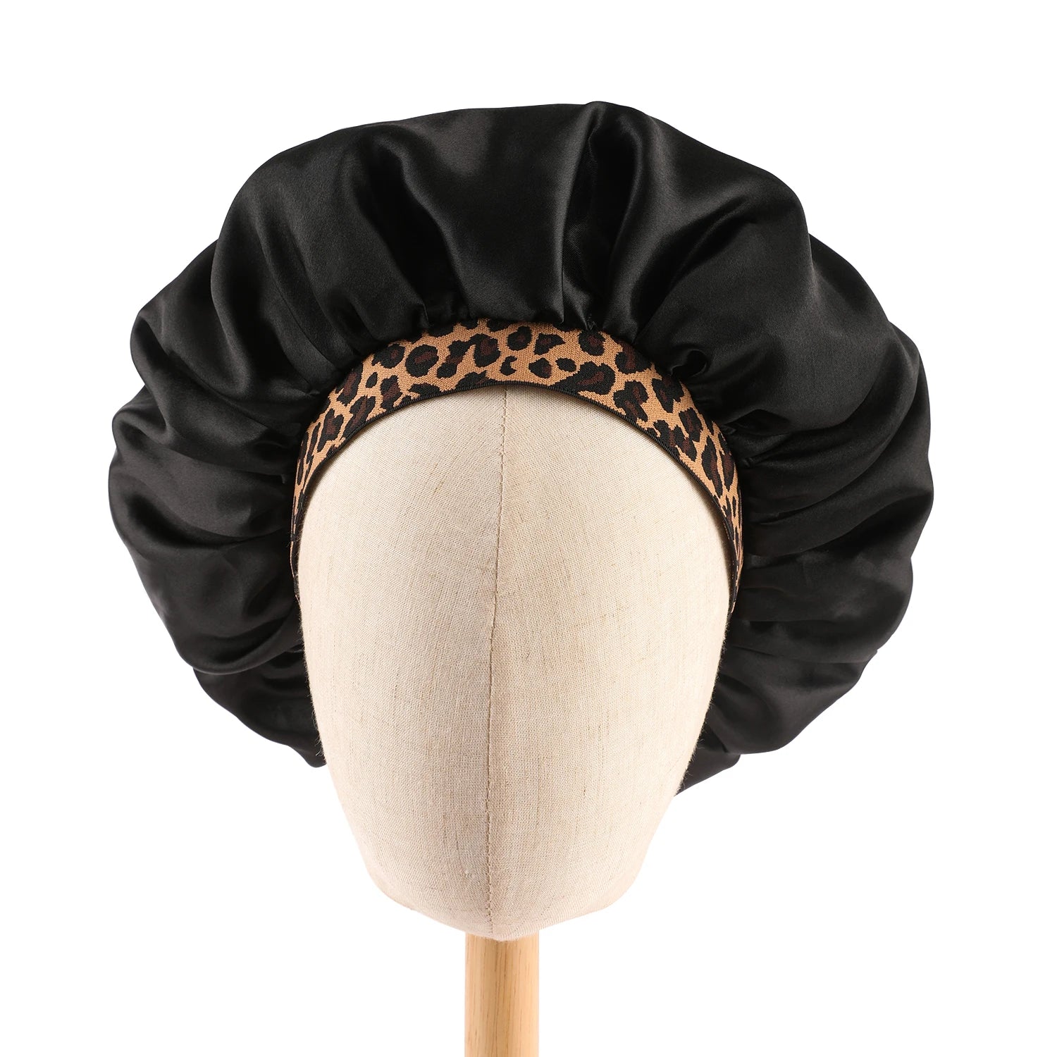 Satin Bonnet with Leopard Print Brim – Silk Sleep Cap for Natural Hair Protection & Style
