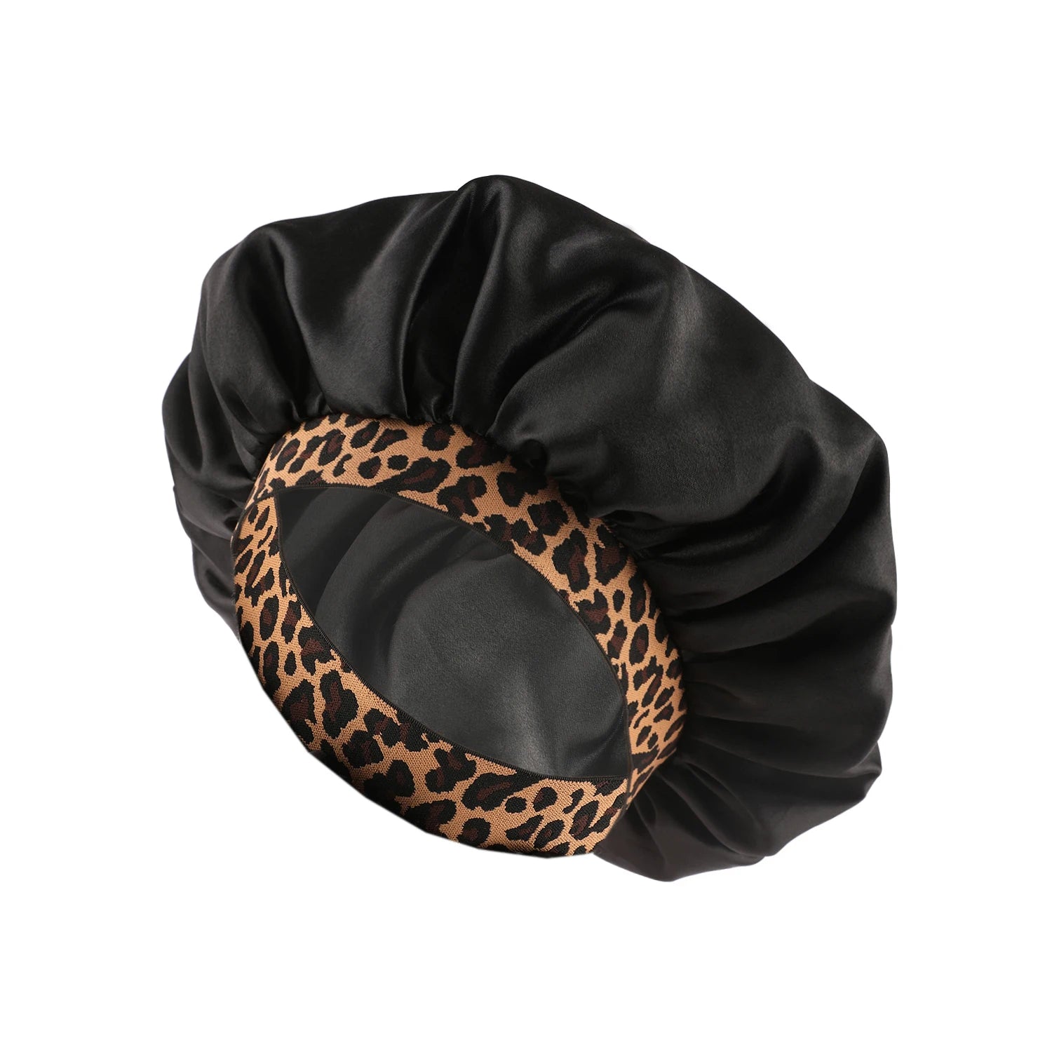 Satin Bonnet with Leopard Print Brim – Silk Sleep Cap for Natural Hair Protection & Style