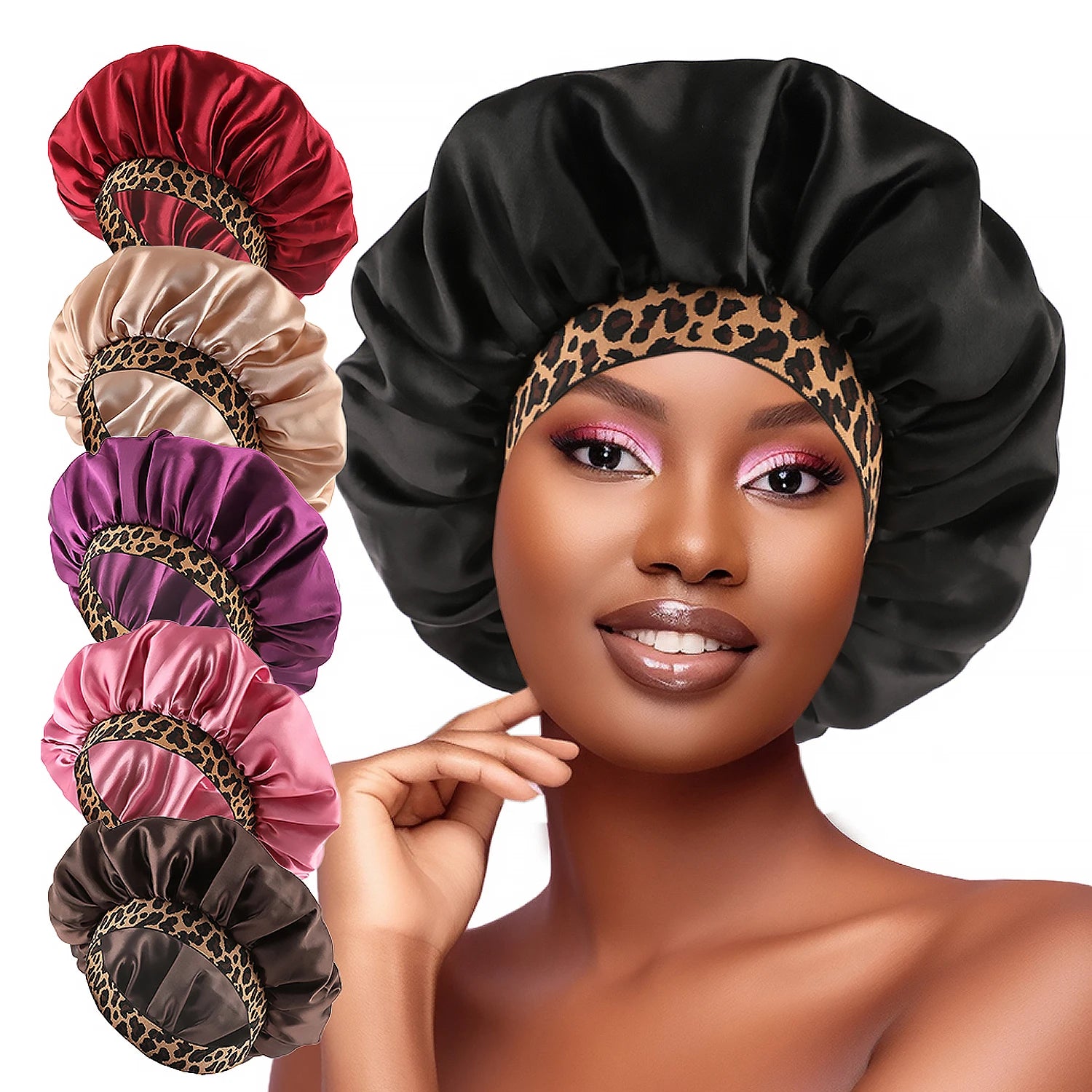 Satin Bonnet with Leopard Print Brim – Silk Sleep Cap for Natural Hair Protection & Style