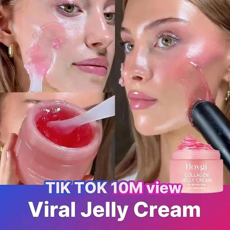 Close-up of a woman applying pink collagen jelly cream to her glowing skin, showcasing the viral Hoygi Collagen Jelly Cream for radiant and firm complexion.