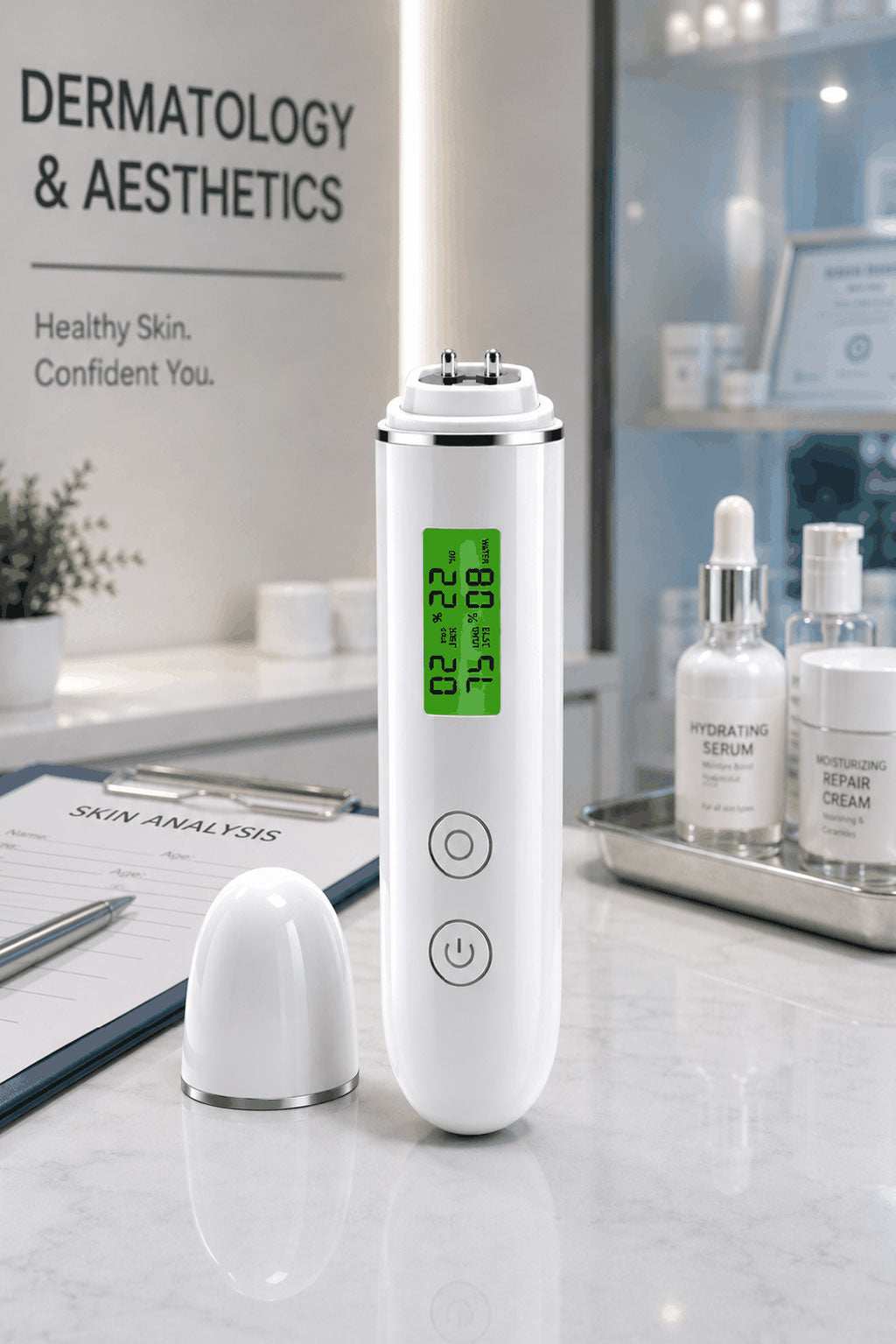 Skin Moisture Detector device on a counter with skincare products in the background.