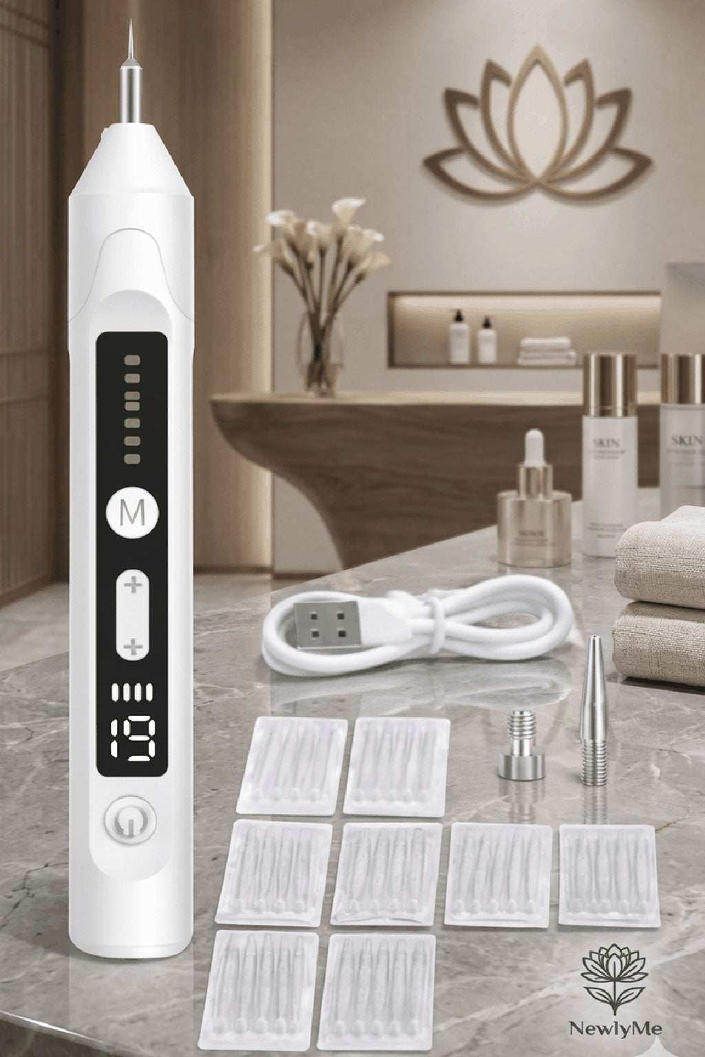 Skin Tag Remover device display on a marble surface, surrounded by accessories and a decorative wall piece.