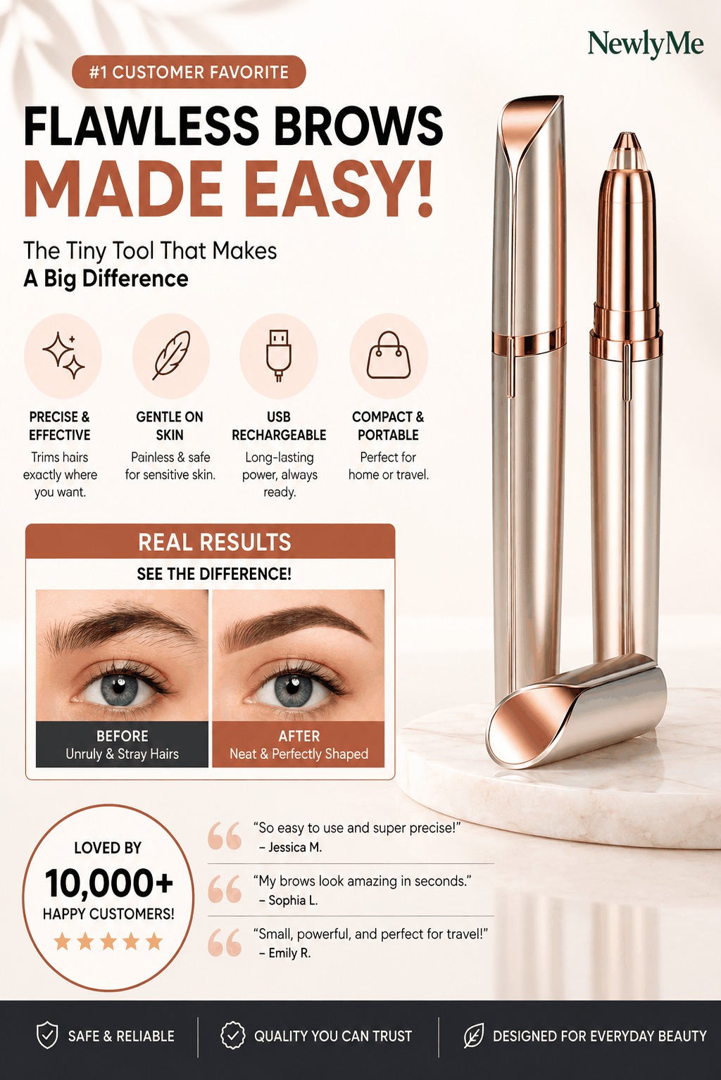 Smart Eyebrow Trimmer tool with product and user testimonials on a white background.