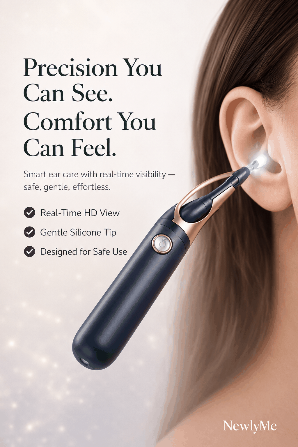 Ear cleaning tool with a light, shown being used on an ear, on a white background with text highlighting features.