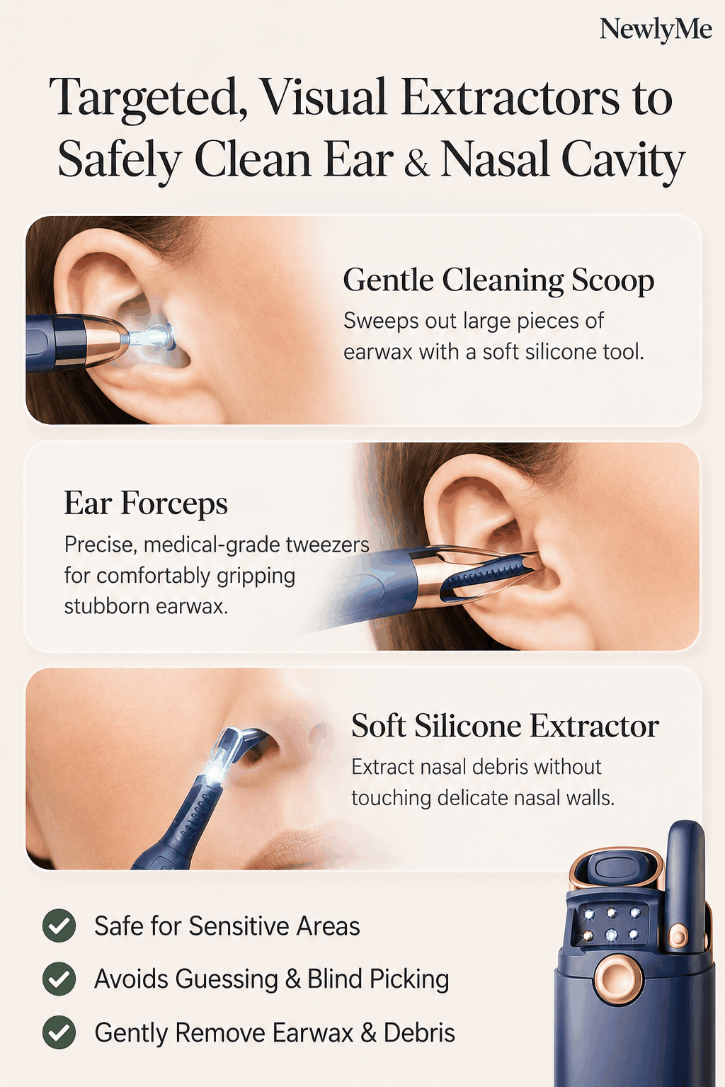 Ear and nasal cleaning tool with images of ear and nasal cavities and text describing features.