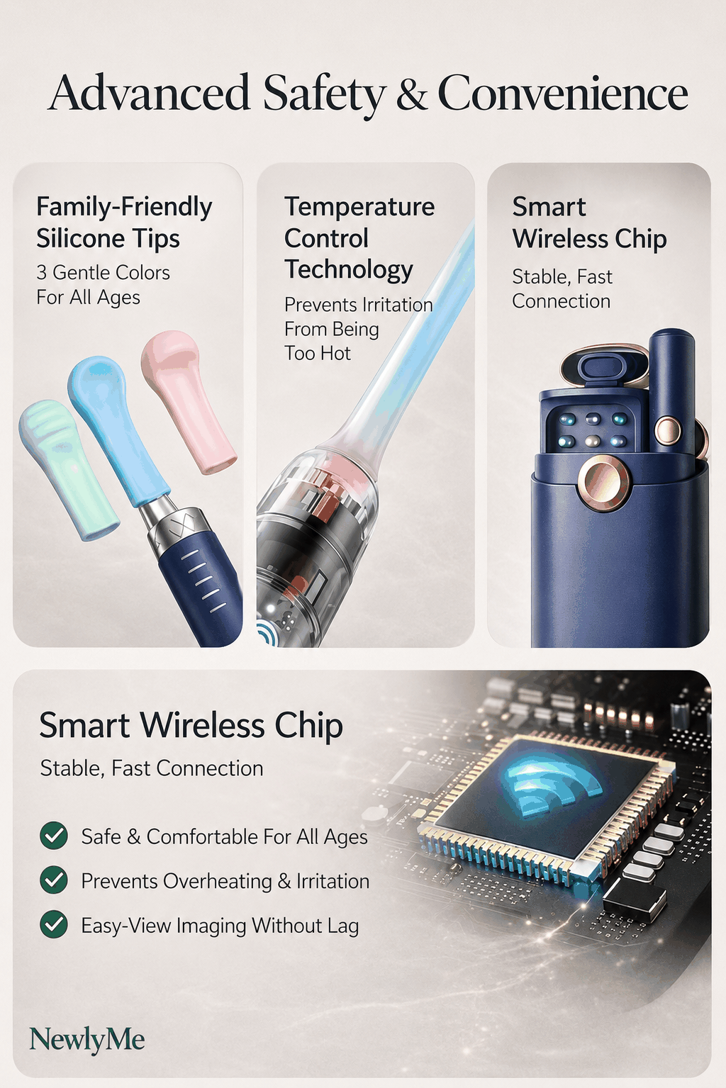 Product features with family-friendly silicone tips, temperature control technology, and smart wireless chip on a gray background.