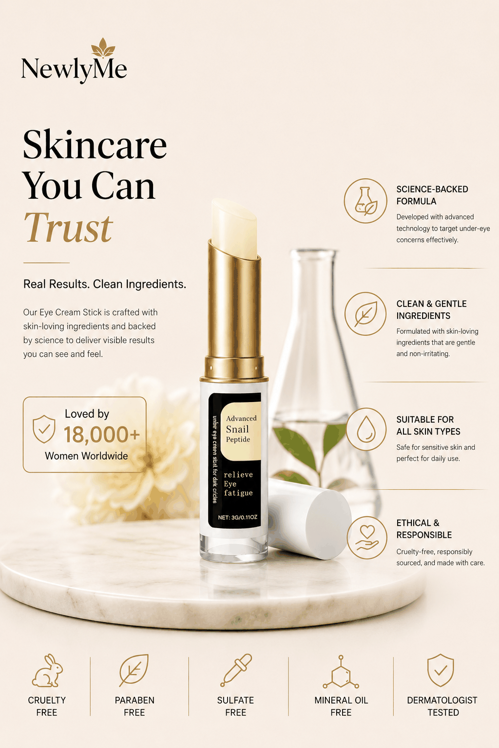 Snail Eye Cream Stick product with text highlighting features and benefits on a light background
