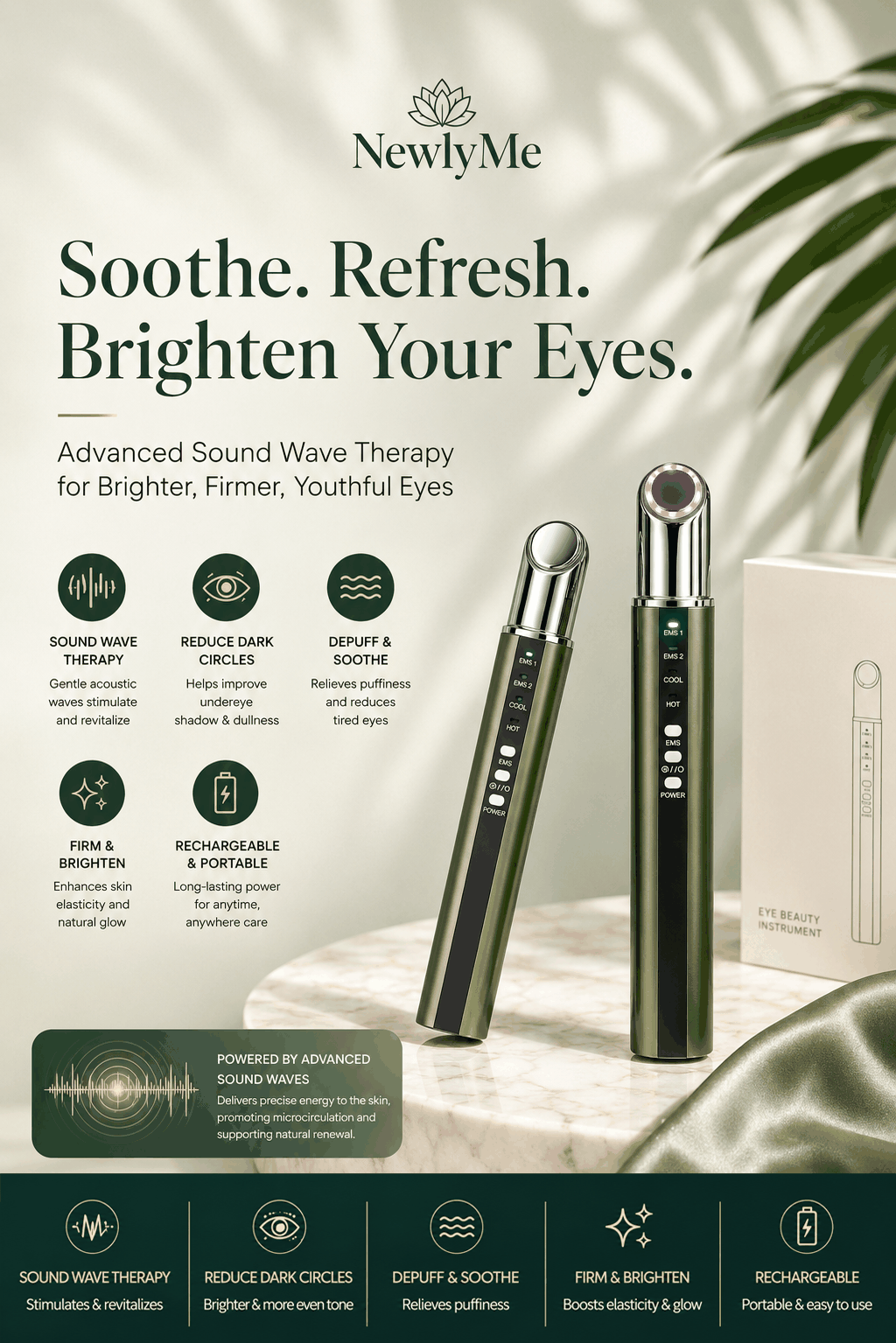 Sound Wave Eye Massager device with text and product on a light background.