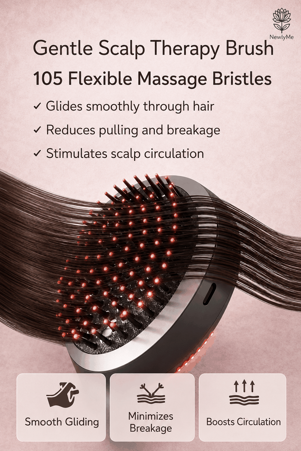 Gentle Scalp Therapy Brush with massage bristles on a pink background