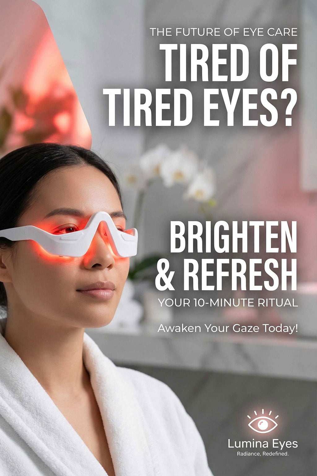 Woman wearing eye care device with promotional text for Lumina Eyes product.