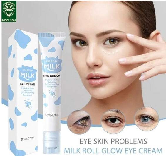 Eye Milk Roller with cooling metal sphere for reducing eye puffiness and hydrating delicate under-eye skin.