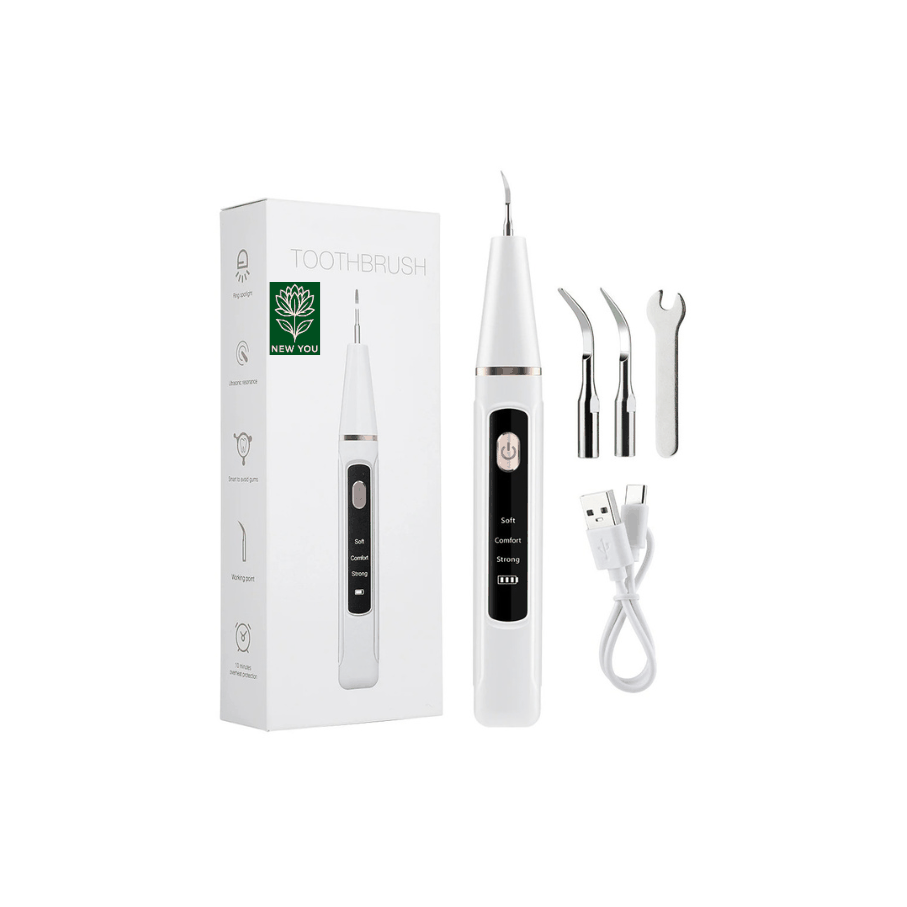 Dental scaler with high-frequency sound waves, LED light, two cleaning heads, USB charging, and accessories for tartar and stain removal.